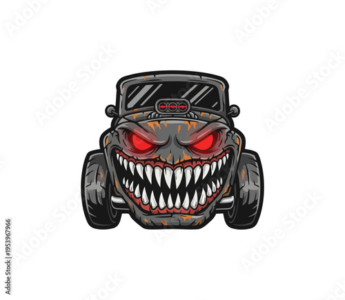 Monster truck illustration with grinning face cartoon graphic design