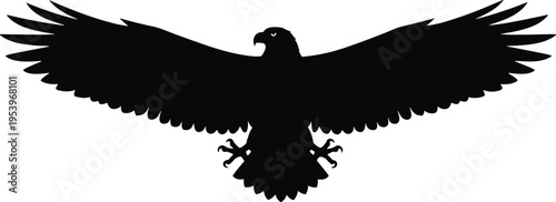 Black eagle silhouette with spread wings isolated on white background, majestic bird of prey flying, heraldic vector symbol of freedom power.