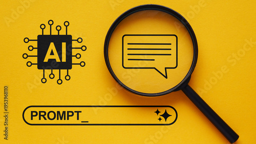 AI assistant prompt concept with magnifying glass analyzing text input, chatbot communication, prompt engineering, artificial intelligence assistant, language model interaction and digital automation