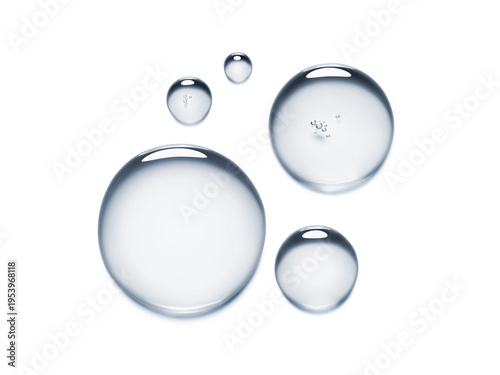 Variation of clear serum oil round sample swatch textures with bubbles isolated on white background. Skin care cosmetic hyaluronic acid retinol collagen water science lab product