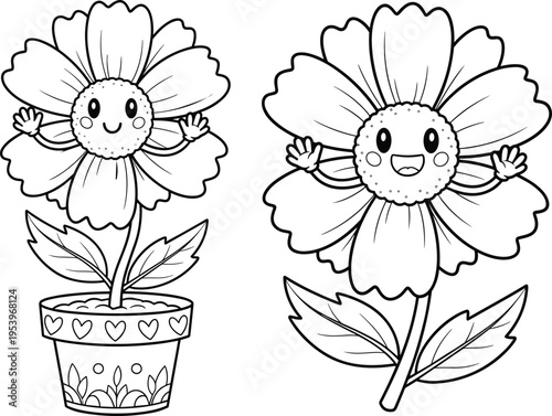 Kawaii Happy Flower Character with Pot and Smiling Face for Kids' Art, Nature, and Fun Illustrations