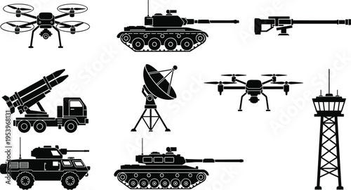 Military vehicle and drone silhouettes set, army tank missile launcher armored car icons, defense technology equipment vector isolated on white.