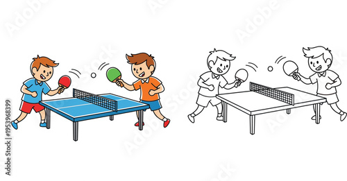 Cute cartoon boys playing table tennis ping pong match colorful illustration and black and white line art coloring page for kids