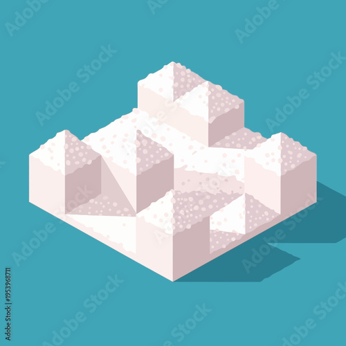 Isometric illustration of a white sugar cube structure with a blue background and shadows.