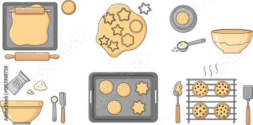Baking cookies process with dough, cutters, rolling pin and tray, homemade pastry preparation steps kitchen vector illustration set