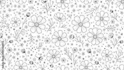 Intricate Black and White Floral Pattern with Daisies, Wildflowers, and Delicate Stems for Textile, Wallpaper, and Decorative Designs