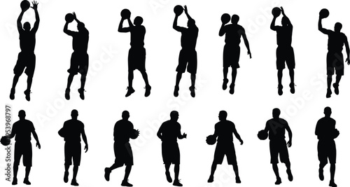Black silhouettes of basketball players dribbling and shooting jump shots isolated on white background for sports competition and athletic concepts