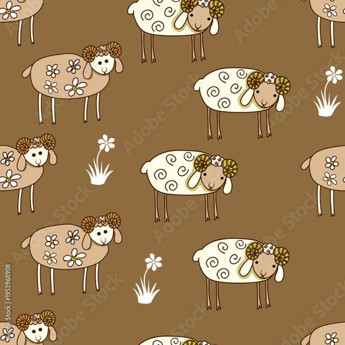 Seamless pattern with cute lambs on a brown background. Suitable for wallpaper, fabric, and wrapping paper.
