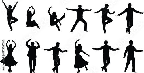Black silhouettes of male and female dancers performing various dance styles including ballet and ballroom isolated on white background for entertainment concepts