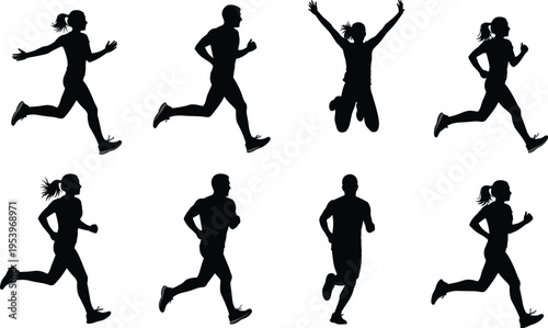 Black silhouettes of male and female runners jogging and jumping in celebration isolated on white background for marathon and fitness concepts