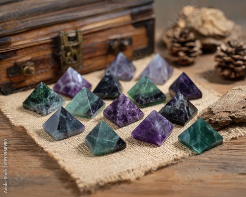 A collection of colorful crystal pyramids, artfully arranged on a burlap cloth, next to a wooden chest, and a branch