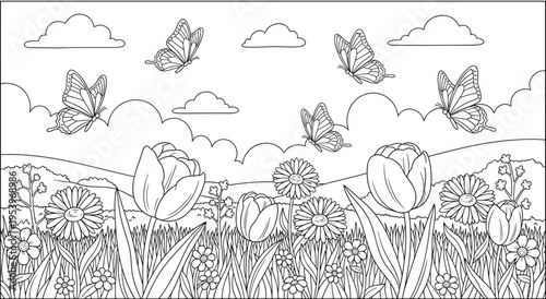 Spring landscape with butterflies and blooming flowers coloring page