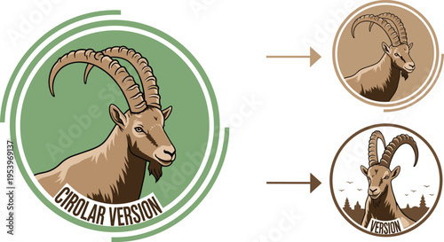 Ibex Goat Logo Design with Circular Version, Mountain Silhouette, and Bold Font for Wildlife Branding, Nature Logos, and Outdoor Adventure Themes