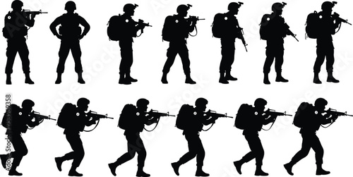 Soldier Military Silhouette Set with Tactical Infantry Personnel in Various Poses, Standing, Walking, and Aiming Rifles for Combat Mission Graphic Design