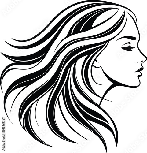 Elegant Woman Profile with Flowing Hair Illustration
