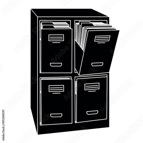 Filing Cabinet with Open Drawers and Documents.