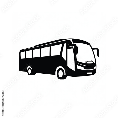 A black silhouette of a modern passenger coach bus on a white background