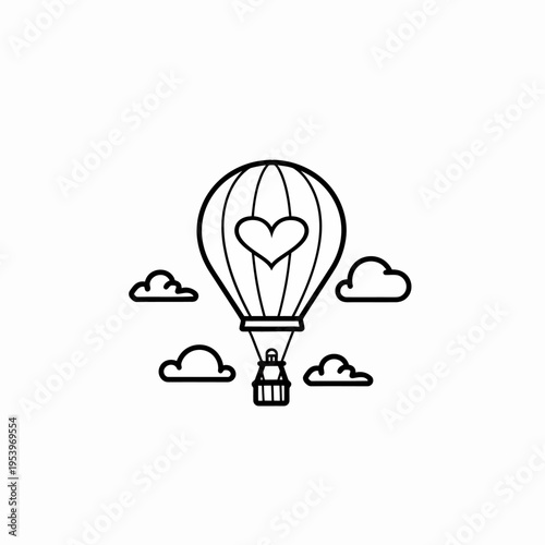 Hot air balloon with heart symbol floating among clouds in clear sky