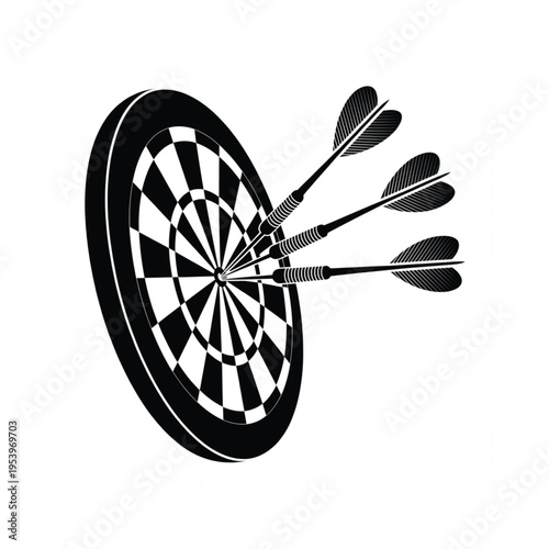 Tableau sur toile Black and white dartboard with three darts hitting the bullseye