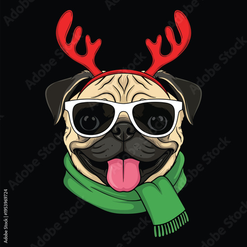 Vibrant vector illustration of a happy pug dog in festive antlers, sunglasses, and scarf on a dark background.