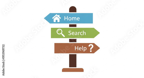 Directional Signpost with Home, Search, and Help Options for Navigation.