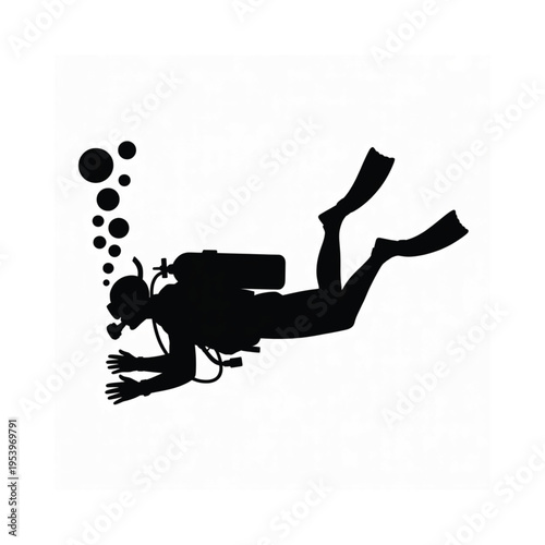 Silhouette of a scuba diver swimming underwater with bubbles rising