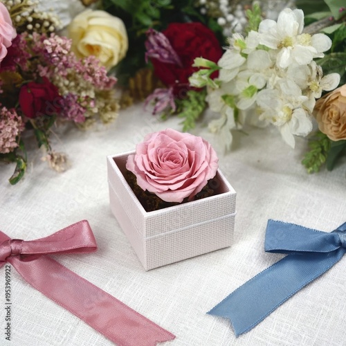 A pink rose in a gift box, surrounded by ribbons and flowers. A tender moment with pastel colors and floral touches
