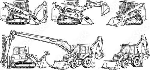 Black and white vector illustration of construction vehicles, compact track loaders, excavator, backhoe loaders, buckets, hydraulic arms, heavy machinery, industrial equipment