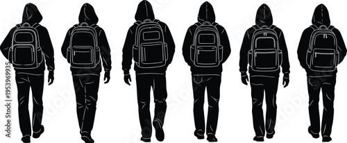 Back View Walking Man with Backpack Silhouette Vector Set, Hooded Traveler Poses, Urban Lifestyle Movement, and Black and White People Character Collection
