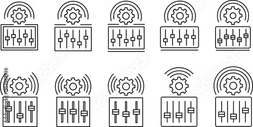 Audio Mixer Line Icon Set with Sliders, Equalizer Controls, and Gear Symbols, Sound Engineering Interface Elements for Music Production and Technology Design
