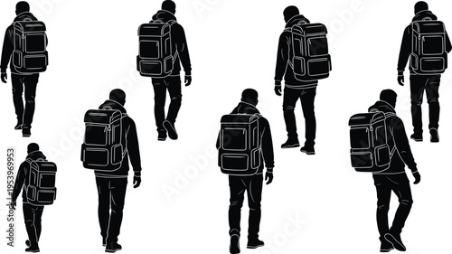 Backpacker Walking Man Silhouette Vector Set with Large Travel Bag, Hooded Explorer Poses, Outdoor Adventure Movement, and Black and White Character Collection