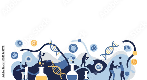 Illustration of scientists conducting research and experiments with DNA strands and laboratory equipment, symbolizing scientific discovery and innovation.