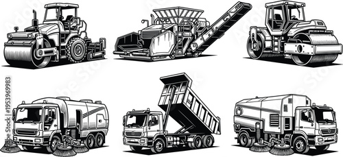 Black and white vector illustration of construction vehicles, road rollers, paving machine, street sweepers, dump truck, asphalt machinery, road maintenance equipment