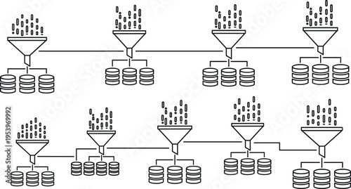 Big Data Processing Funnel Vector Set with Database Storage Systems, Information Flow Pipelines, Data Filtering, and Analytics Technology Line Icon Collection
