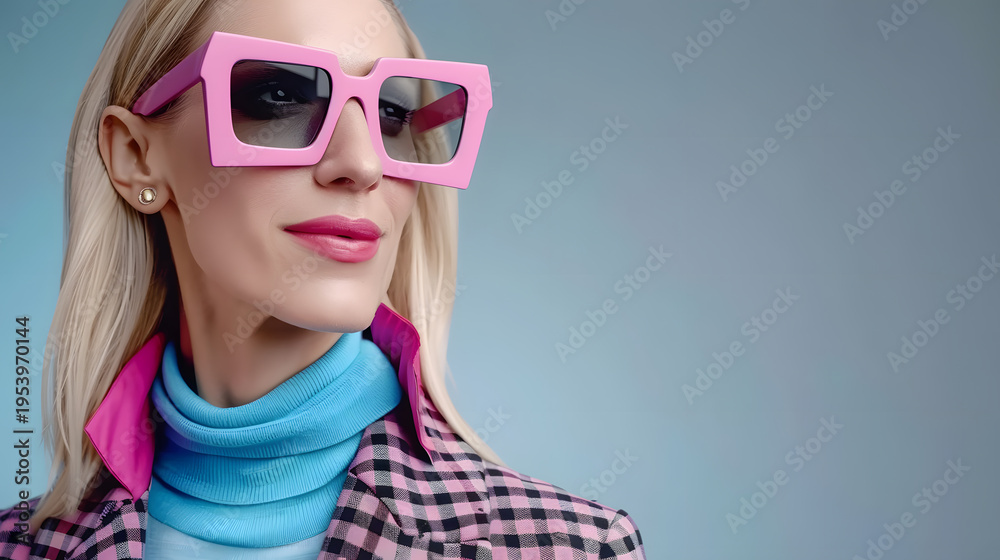 Fototapeta premium Blonde woman wearing stylish oversized pink sunglasses