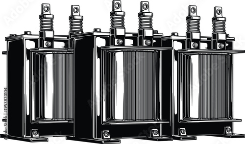 Black and white vector illustration of electrical transformers, coil structure, cooling fins, insulators, terminals, industrial power distribution equipment, substation machinery