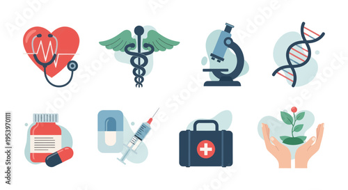 Collection of medical and scientific icons representing healthcare, research, and well-being.