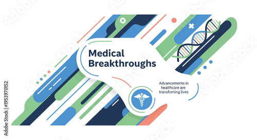 Abstract illustration of medical breakthroughs and advancements in healthcare, featuring DNA strands and a caduceus symbol.