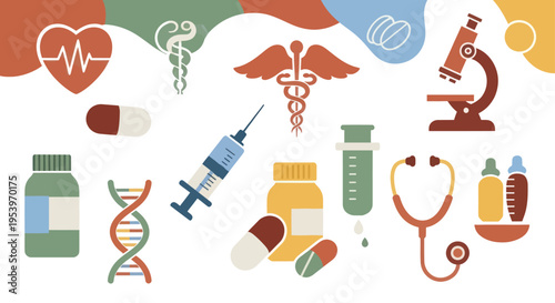 A vibrant collection of medical and healthcare-related icons, including a stethoscope, DNA helix, microscope, syringe, and various pills and bottles, set against a colorful abstract background.