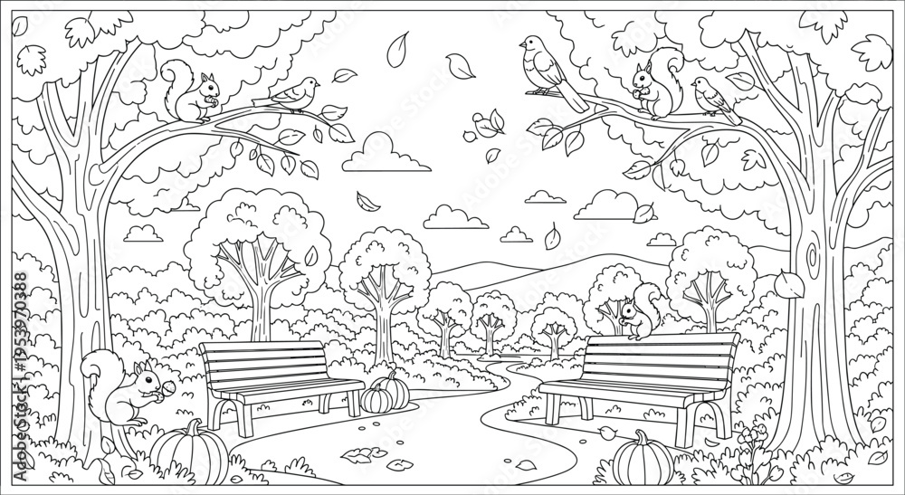 Obraz premium Autumn park scene with squirrels, birds, benches and pumpkins