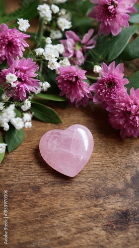 A pink heart-shaped crystal with beautiful purple and white flowers arranged on a wooden table, radiating love and serenity