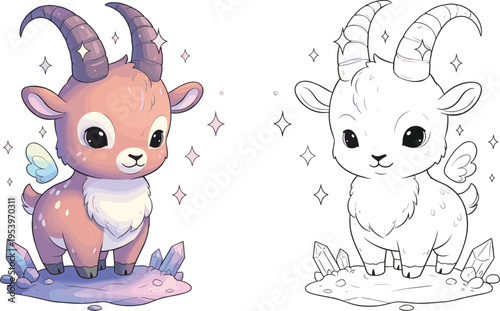 Magical Baby Goat Character Set with Sparkling Crystals, Wings, and Fantasy Details for Kids' Art, Fantasy Designs, and Whimsical Illustrations