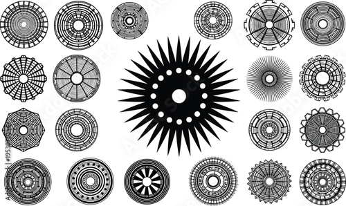 Black and white vector illustration of geometric circular designs, mandala style, abstract radial patterns, symmetrical shapes, decorative art, mechanical gears