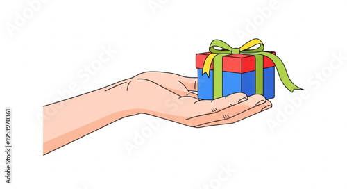 Hand Offering a Colorful Gift with Ribbon and Bow.