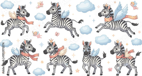 Cute flying zebra collection with wings, scarves, clouds and stars in magical fantasy cartoon style vector illustration set