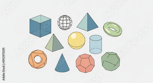 Collection of Geometric Shapes - Cube, Sphere, Pyramid, Cylinder, Cone, Torus.