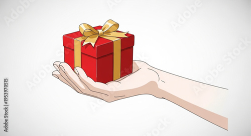 Hand Offering a Red Gift Box with Golden Ribbon.