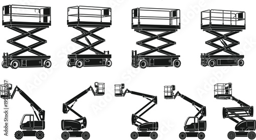 Black silhouette set of hydraulic scissor lifts and cherry picker boom lifts isolated on white background for industrial construction and warehouse aerial work design.
