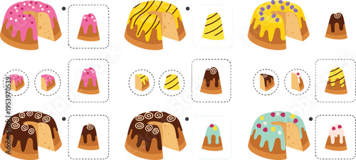 Bundt cake dessert set with different flavors slices and icing variations sweet bakery collection flat vector illustration