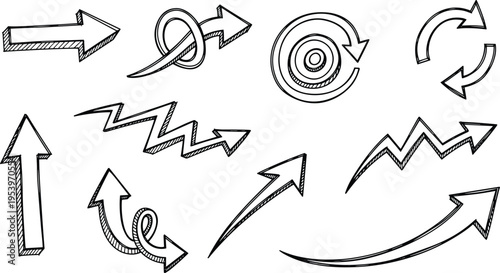 Hand Drawn Arrow Vector Set with Sketch Style Directional Icons, Circular Rotation, Growth Trends, Zigzag Movement, and Dynamic Motion Elements for Infographic Design